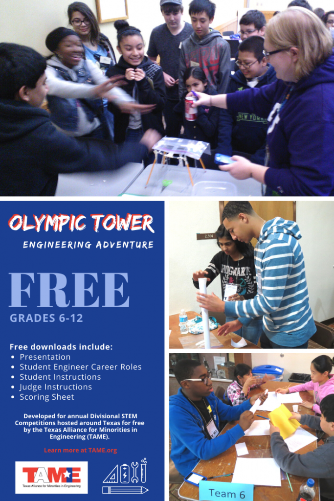 a collage of photos of students building Olympic Tower prototypes.